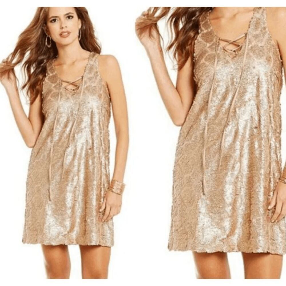Gianni Bini Sparkle Sequin Shift Dress Gold Lace Front Mini Lined‎ Size Small